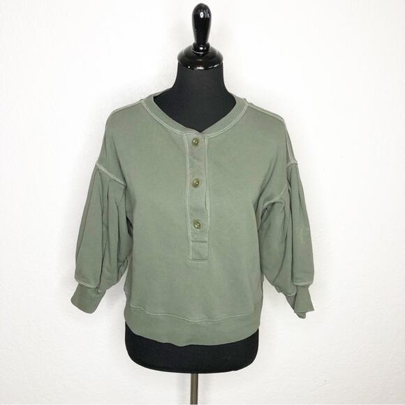 Something Navy army olive green pleated balloon sleeve button front top size XXS - Picture 1 of 14